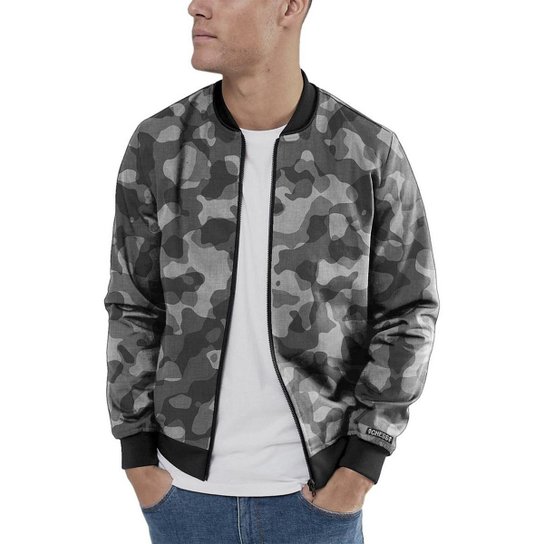 Jaqueta Bomber Chess Clothing Camuflado Masculina - Cinza Menor preço em Jaqueta Bomber Chess Clothing Camuflado Masculina - Cinza