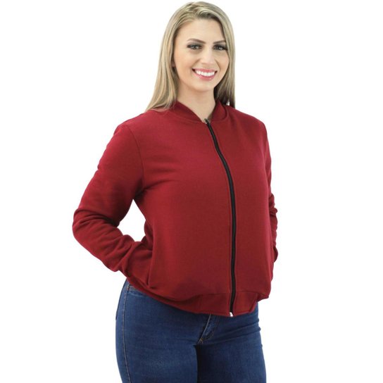 Jaqueta Bomber Feminina Casaco Moletom Zíper - Bordô Menor preço em Jaqueta Bomber Feminina Casaco Moletom Zíper - Bordô