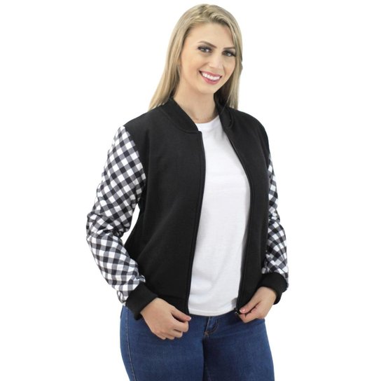 Jaqueta Bomber Feminina Xadrez Casaco Moletom Zíper Estampado - Preto Menor preço em Jaqueta Bomber Feminina Xadrez Casaco Moletom Zíper Estampado - Preto