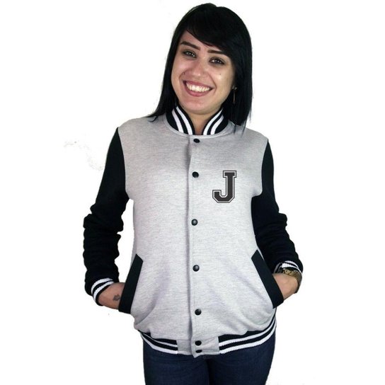 Jaqueta College Feminina Universitária Americana - Letra J - Cinza Menor preço em Jaqueta College Feminina Universitária Americana - Letra J - Cinza