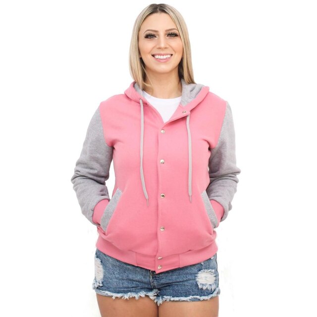 Jaqueta College Moletom Feminina Com Capuz - Rosa Claro Menor preço em Jaqueta College Moletom Feminina Com Capuz - Rosa Claro