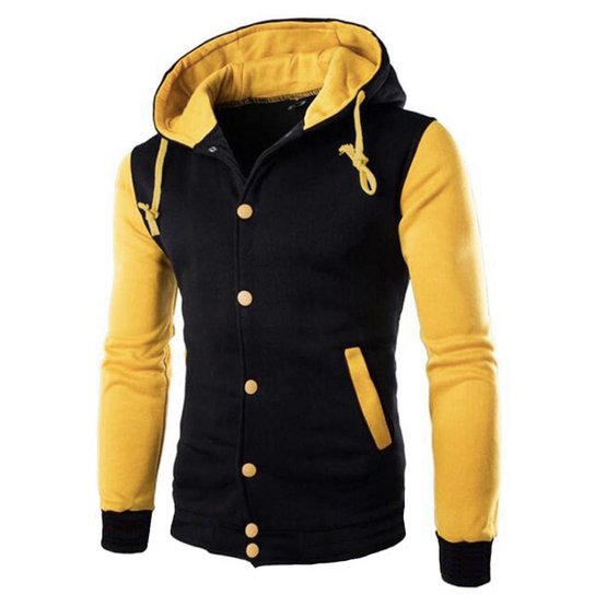 Jaqueta College Moletom Masculina Preta Com Capuz - Preto+Amarelo Menor preço em Jaqueta College Moletom Masculina Preta Com Capuz - Preto+Amarelo