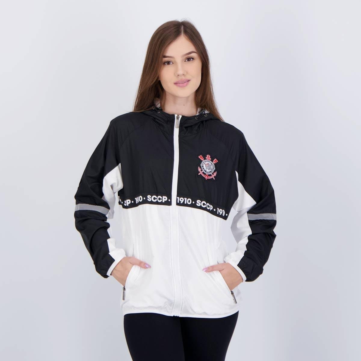 Jaqueta Corinthians Corta Vento Tape Feminina Branca e Preta Menor preço em Jaqueta Corinthians Corta Vento Tape Feminina Branca e Preta