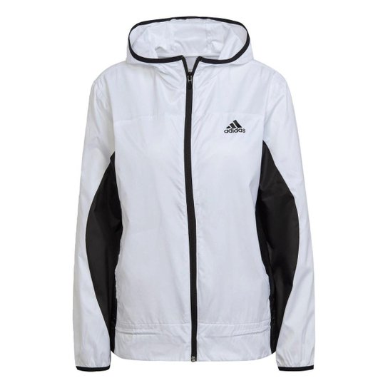 Jaqueta Corta-Vento Corrida Logo AEROREADY Adidas - Branco+Preto Menor preço em Jaqueta Corta-Vento Corrida Logo AEROREADY Adidas - Branco+Preto