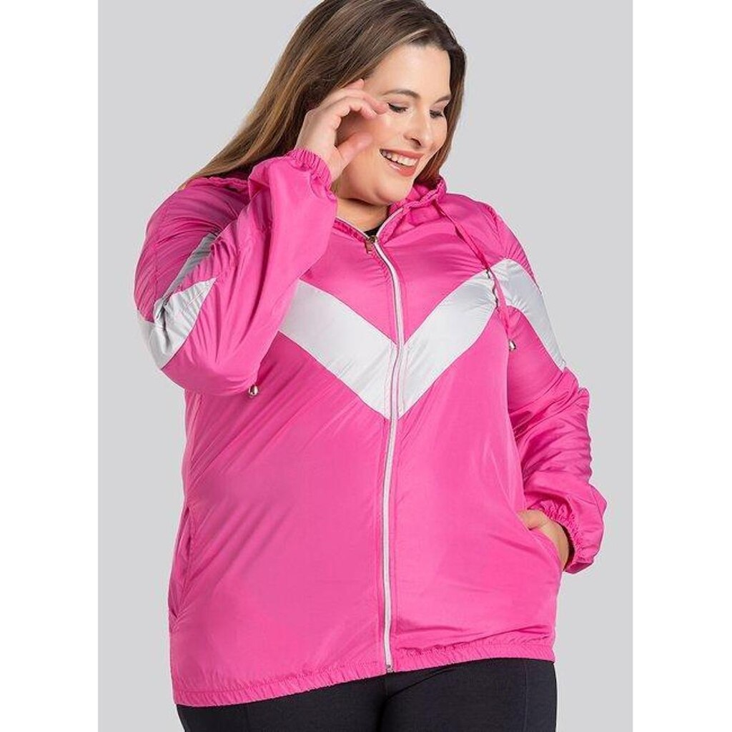 Jaqueta Corta Vento Feminina Plus Size em Microfibra Bicolor Bolsos Laterais e Capuz - Serena