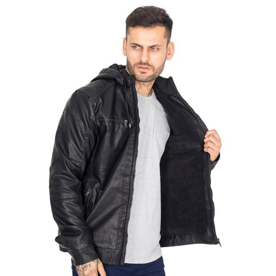 Jaqueta Couro PU Poliuretano Peluciada Com Bolsos Capuz Removível - Preto Menor preço em Jaqueta Couro PU Poliuretano Peluciada Com Bolsos Capuz Removível - Preto