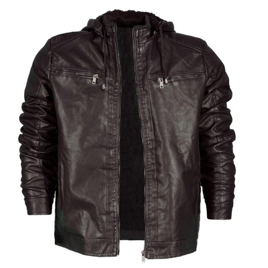 Jaqueta Couro PU Poliuretano Peluciada Com Bolsos Capuz Removível - Marrom Menor preço em Jaqueta Couro PU Poliuretano Peluciada Com Bolsos Capuz Removível - Marrom