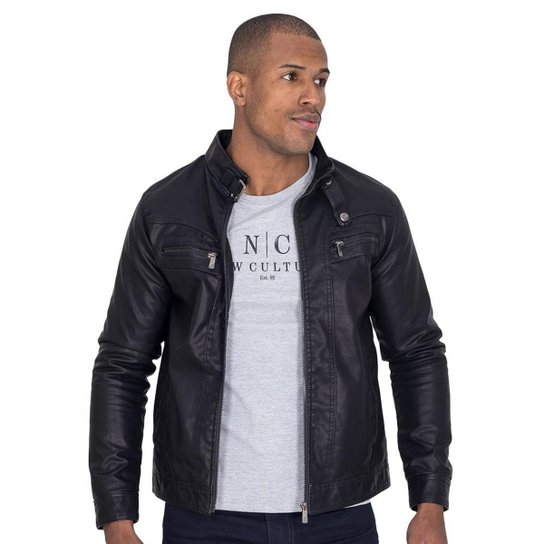 Jaqueta Couro Sintético Masculina Gola Alta Bolsos Lisa - Preto Menor preço em Jaqueta Couro Sintético Masculina Gola Alta Bolsos Lisa - Preto