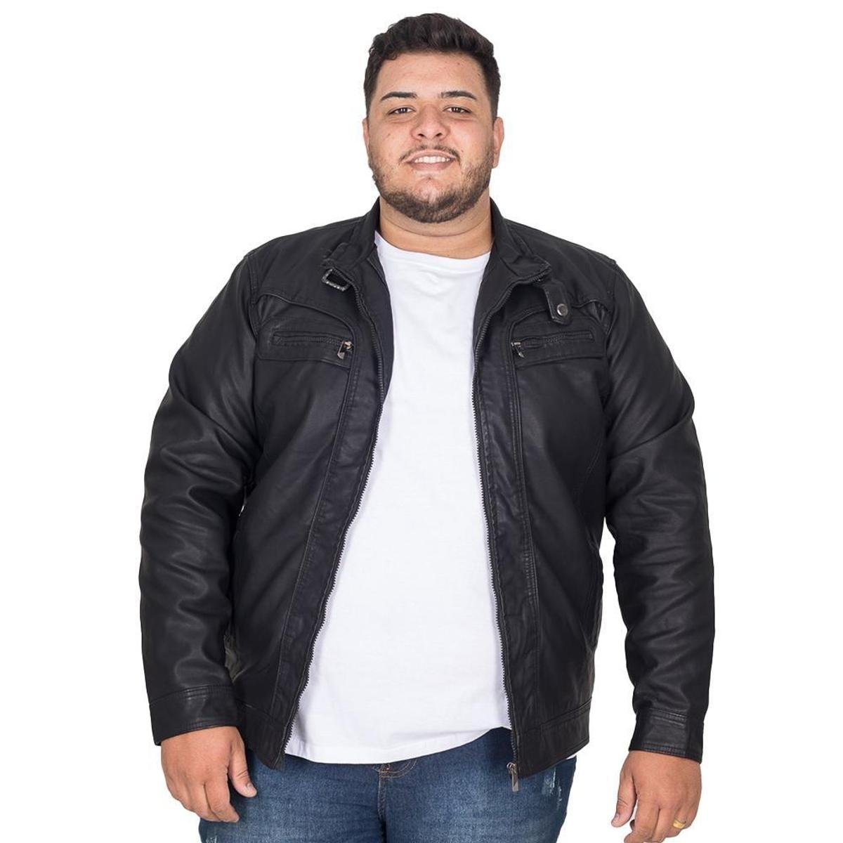 Jaqueta Couro Sintético Plus Size Masculina Bolso Interno Preto