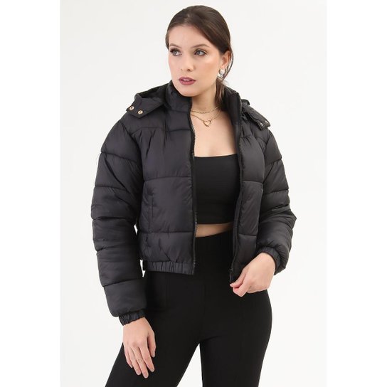 Jaqueta Cropped Puffer Com Capuz E Pelucia - Preto
