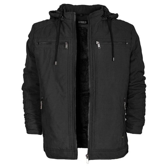 Jaqueta De Sarja Peluciada Masculina Bolsos Capuz Removível - Preto Menor preço em Jaqueta De Sarja Peluciada Masculina Bolsos Capuz Removível - Preto