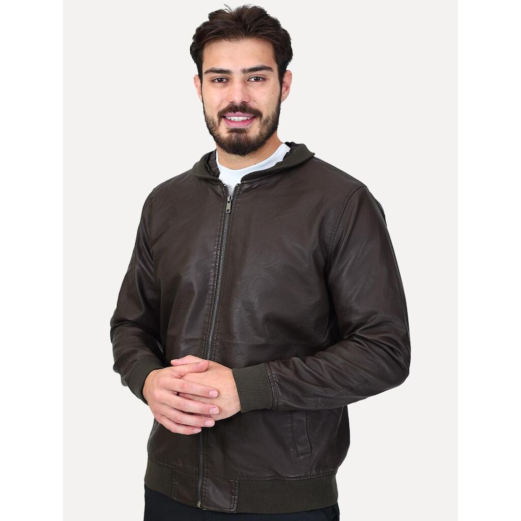 Jaqueta Dixen PU Bomber Capuz Zíper Frontal Marron