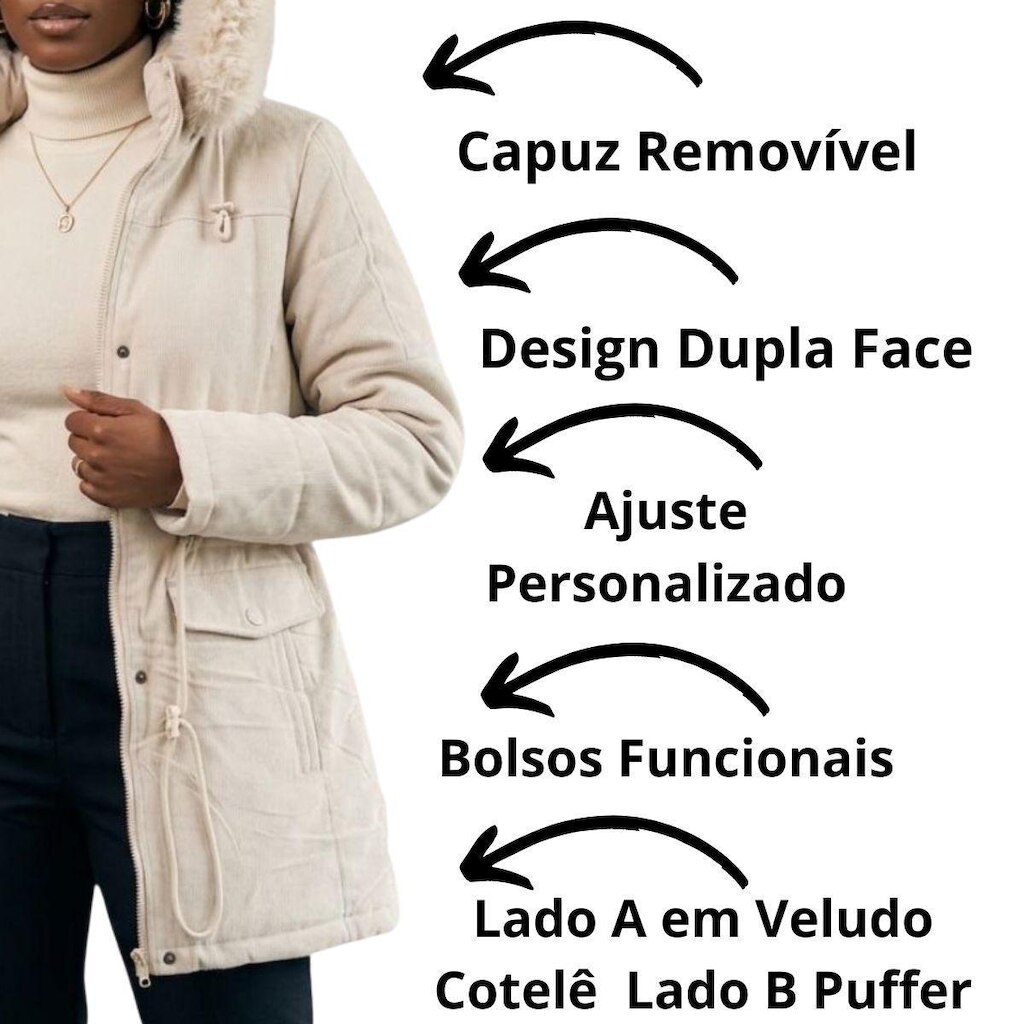 Jaqueta  Dupla Face Alongada com Capuz de Pelo