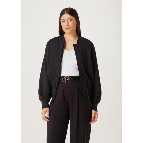 Jaqueta Feminina Bomber Em Moletom Peluciado - Preto Menor preço em Jaqueta Feminina Bomber Em Moletom Peluciado - Preto