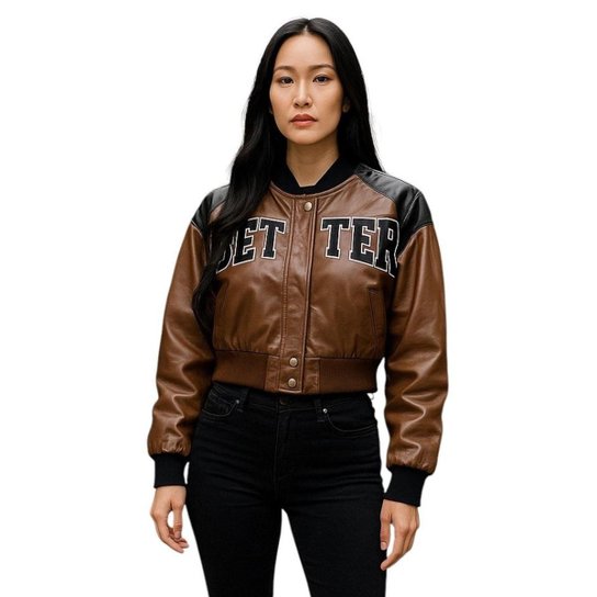 Jaqueta Feminina Couro Fake Curta Modelo College Better Marrom