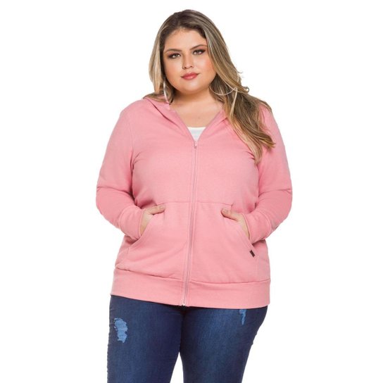 Menor preço em Jaqueta Feminina de Moletom com Capuz Básica Plus Size - ROSA - G - Rosa