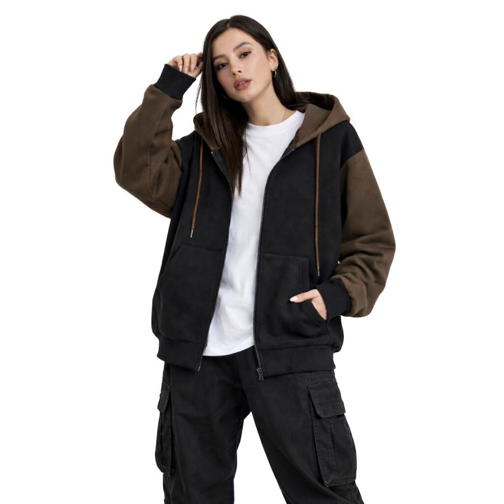 Jaqueta Feminina de Moletom com Zíper Frontal Capuz e Forração Flanelada