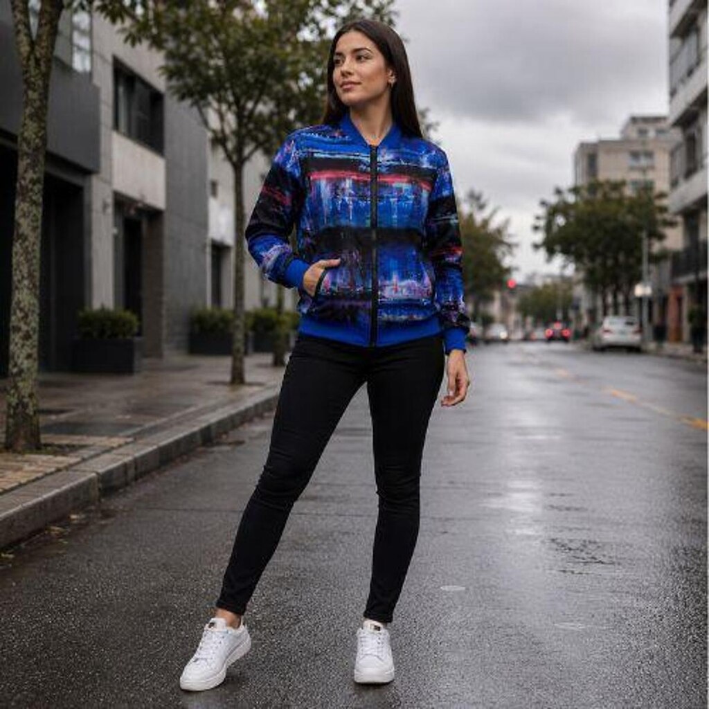 Jaqueta Feminina Estampada Azul/Verde com Abertura nos Ombros- Enfim