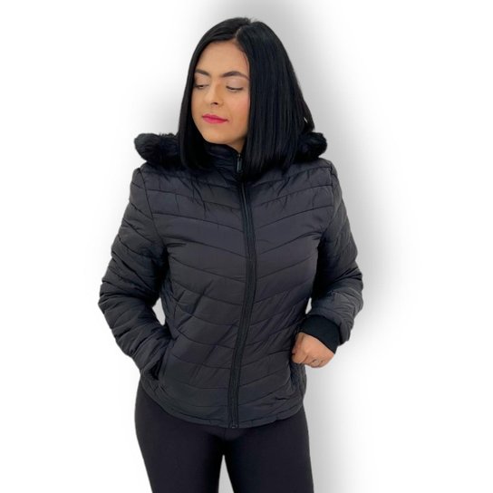 Jaqueta Feminina Forrada Casaco Inverno Peluciada Touca Pelo - Preto Menor preço em Jaqueta Feminina Forrada Casaco Inverno Peluciada Touca Pelo - Preto