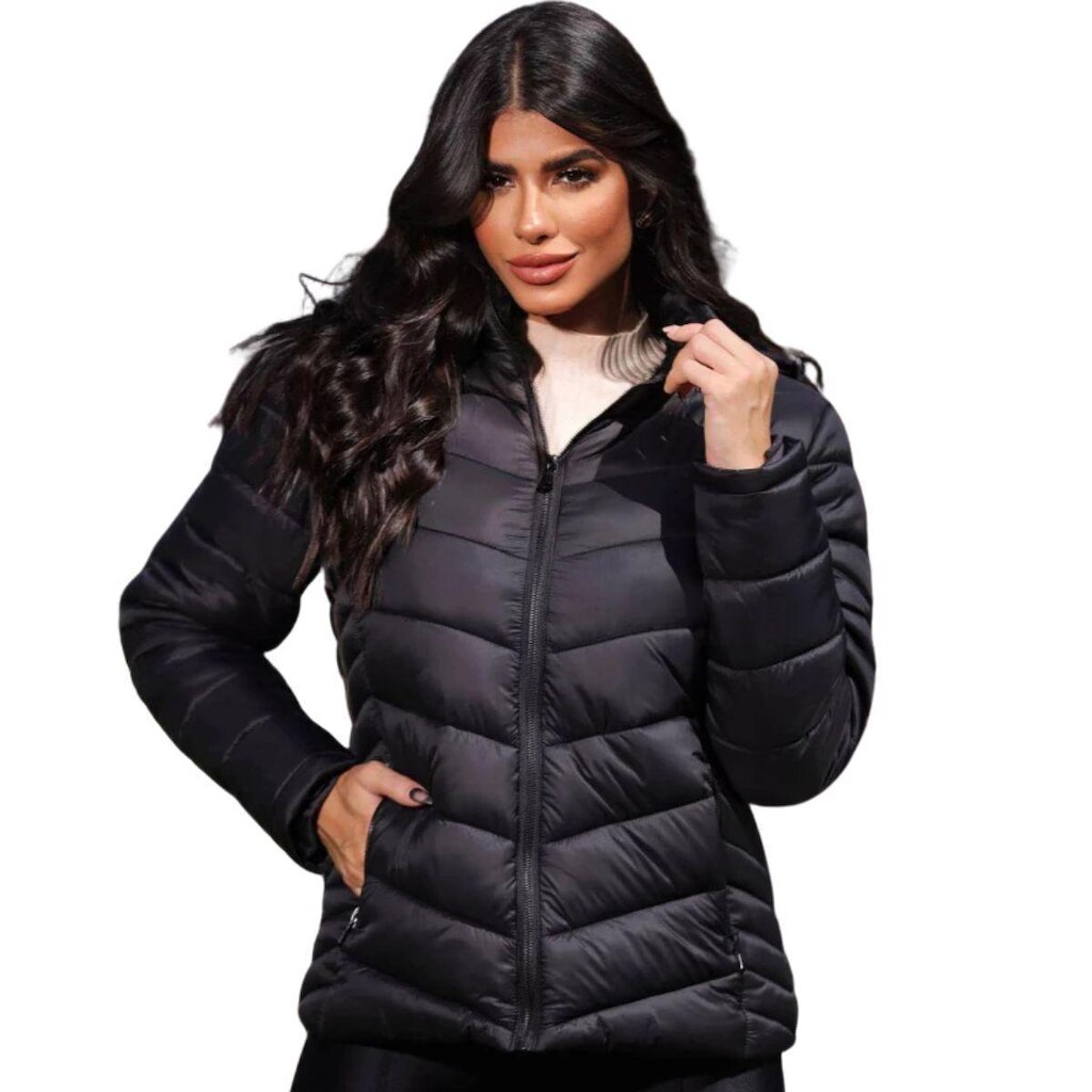 Jaqueta Feminina Impermeável Puffer Peluciada com Capuz e Isolamento para o Frio e Chuva