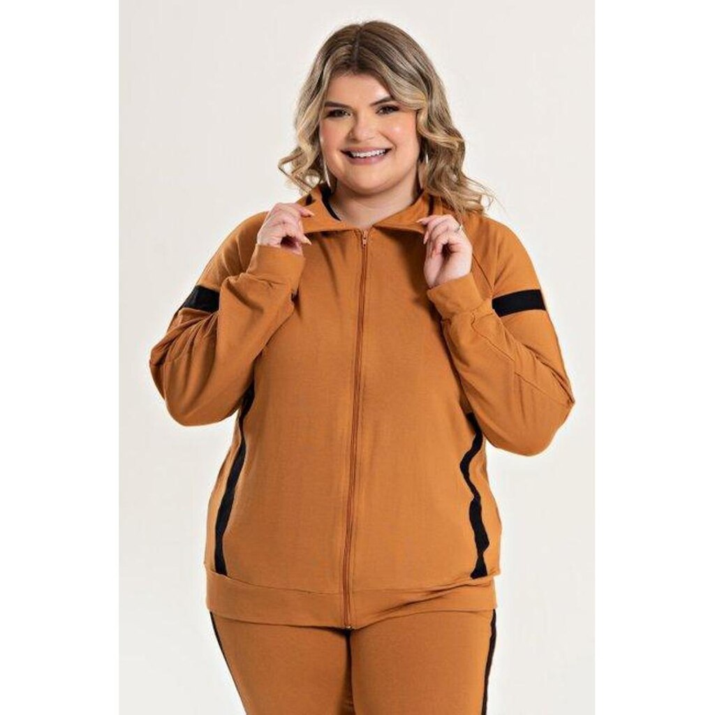 Jaqueta Feminina Plus Size Molecotton Com Faixas Contrastante - Serena