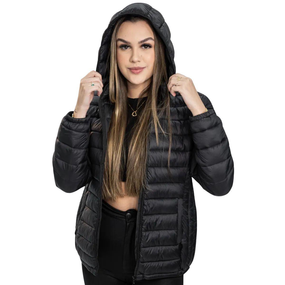 Jaqueta Feminina Puffer Nylon Industrie Peluciada com Capuz e Isolamento Térmico para o Frio