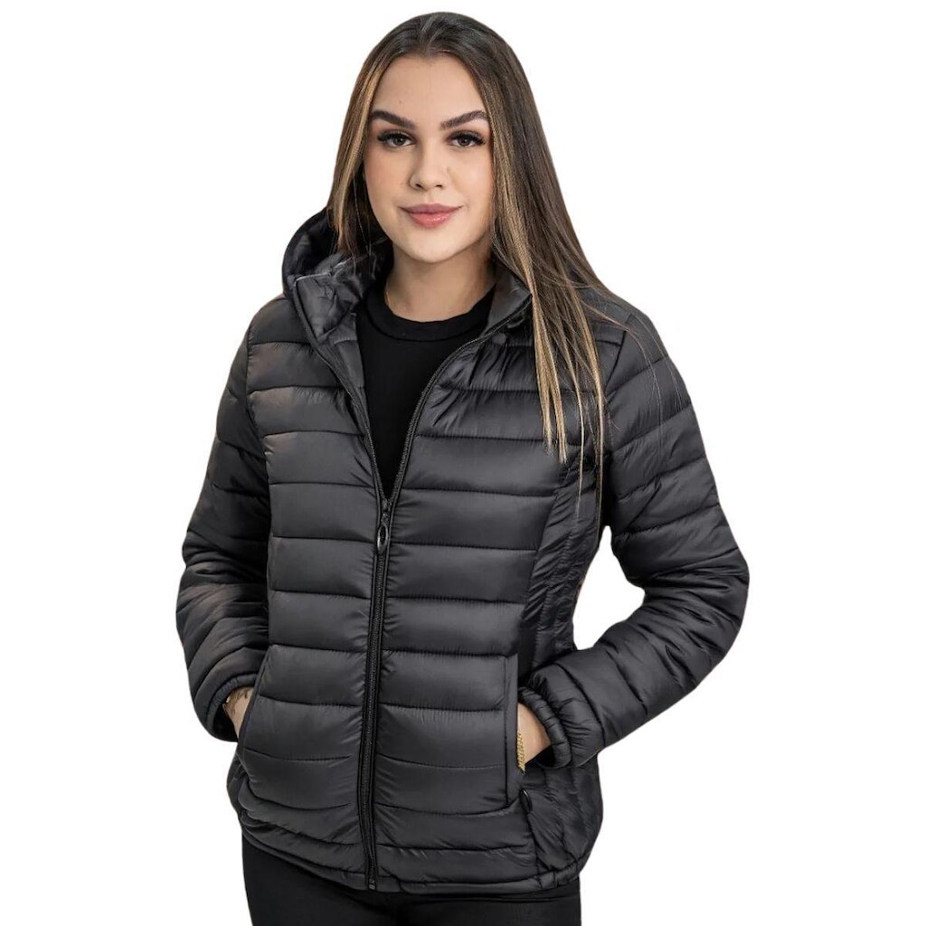 Jaqueta Feminina Puffer Nylon Peluciada com Capuz e Isolamento Térmico para o Frio
