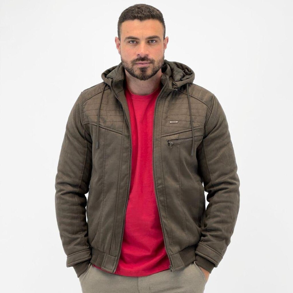 Jaqueta Gangster em Suede com Capuz Masculina