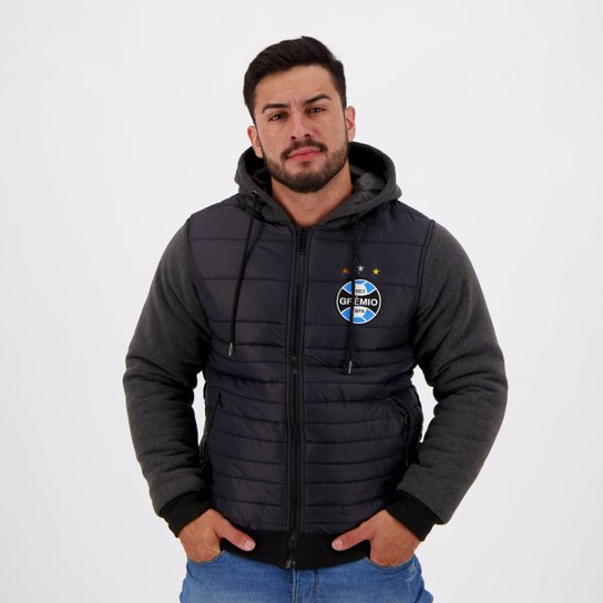 Jaqueta Grêmio Puffer Padding c/ Capuz Masculina - Preto+Chumbo Menor preço em Jaqueta Grêmio Puffer Padding c/ Capuz Masculina - Preto+Chumbo