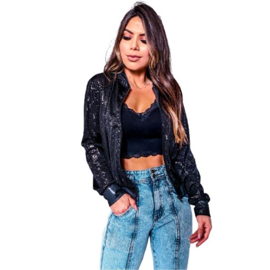 Jaqueta Íris Bomber Casaco Paetê Feminina Zíper - Preto Menor preço em Jaqueta Íris Bomber Casaco Paetê Feminina Zíper - Preto