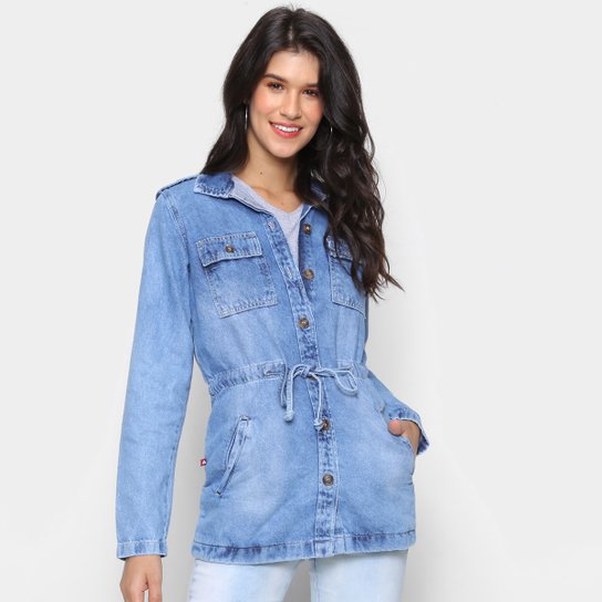 Jaqueta Jeans Cambos Alongada Amarração Feminina - Azul Menor preço em Jaqueta Jeans Cambos Alongada Amarração Feminina - Azul