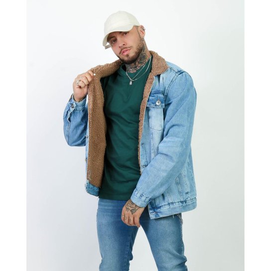 Jaqueta Jeans Clara Masculina Casaco Com Pelinho Caramelo - Azul Claro Menor preço em Jaqueta Jeans Clara Masculina Casaco Com Pelinho Caramelo - Azul Claro