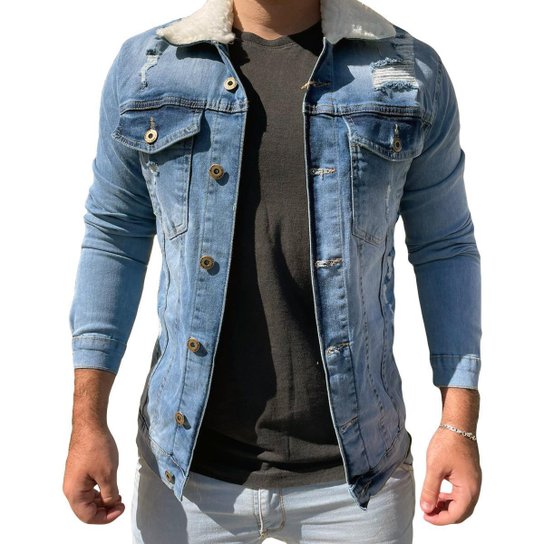 Jaqueta Jeans Clara Masculina Slim Destroyed Pelo Na Gola - Azul Claro Menor preço em Jaqueta Jeans Clara Masculina Slim Destroyed Pelo Na Gola - Azul Claro