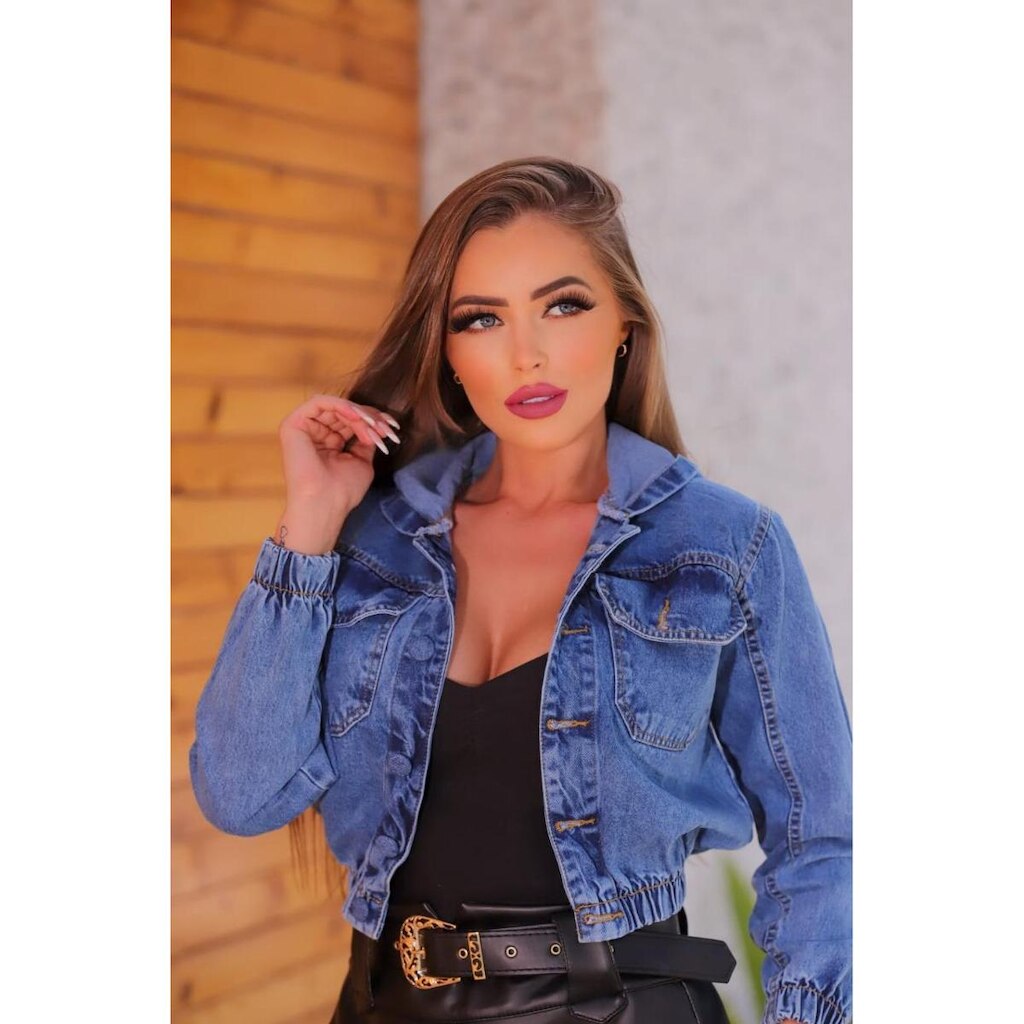 Jaqueta Jeans com capuz elástico cintura e Punhos