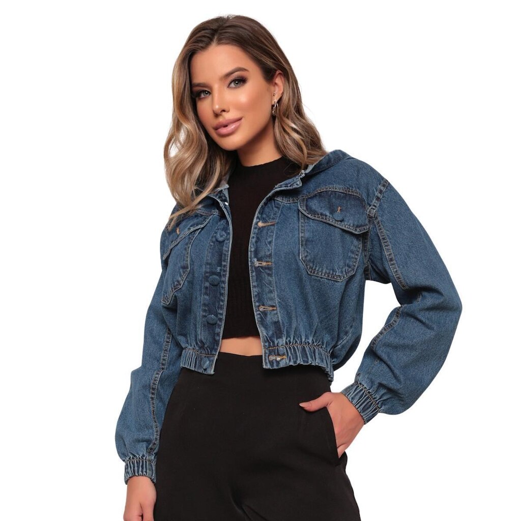 Jaqueta Jeans Feminina Bomber com Capuz