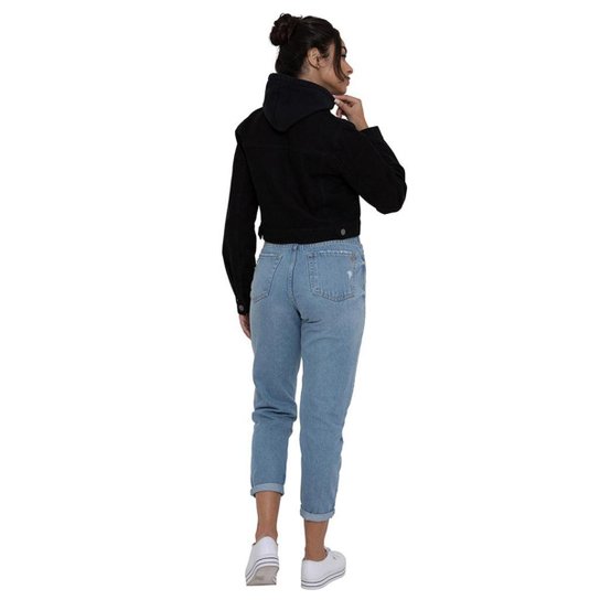 Jaqueta Jeans Feminina Cropped Black Com Capuz