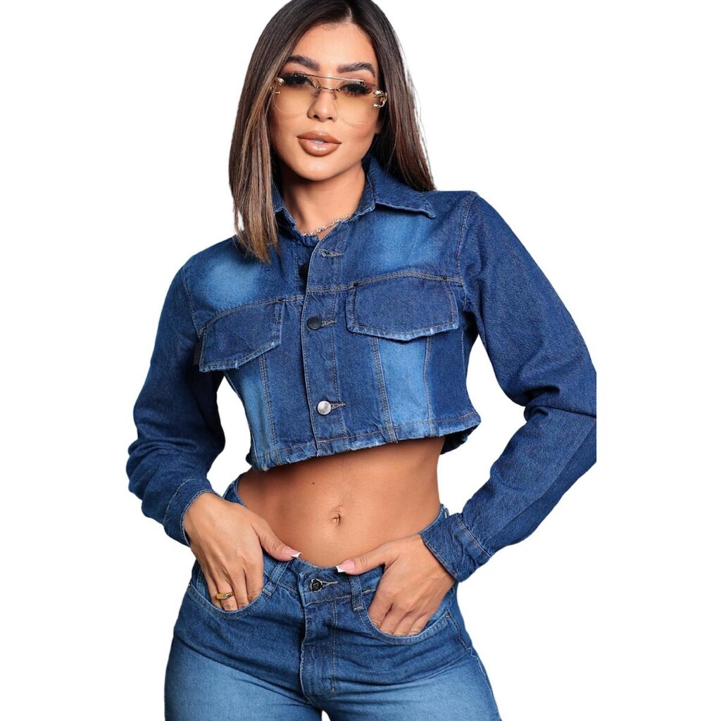 Jaqueta Jeans Feminina Cropped com Bordado Premium