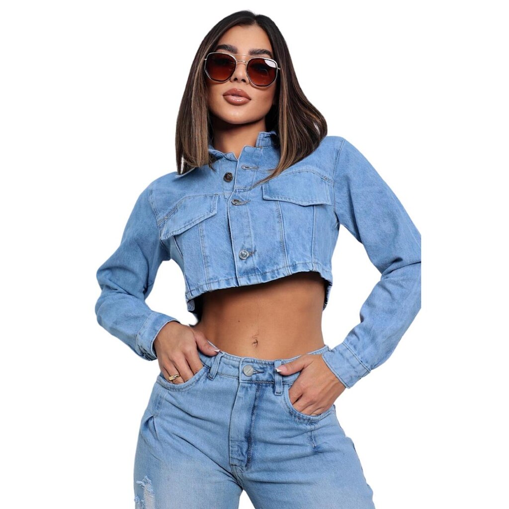 Jaqueta Jeans Feminina Cropped com Bordado Premium
