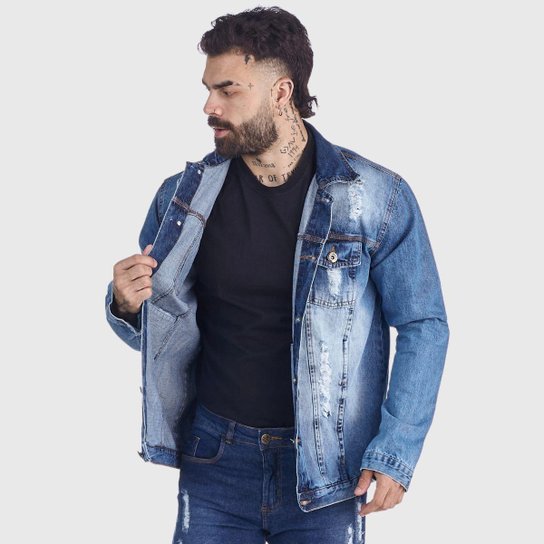 Jaqueta Jeans HNO Jeans Destroyed Premium Azul - Azul Menor preço em Jaqueta Jeans HNO Jeans Destroyed Premium Azul - Azul