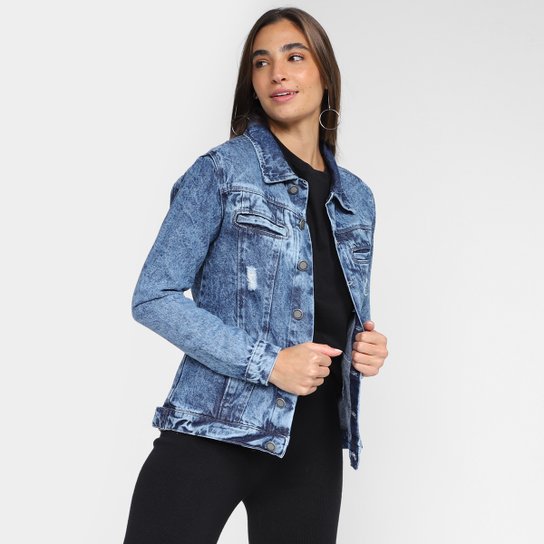 Jaqueta Jeans Just Denim Estonada Feminina - Azul Menor preço em Jaqueta Jeans Just Denim Estonada Feminina - Azul