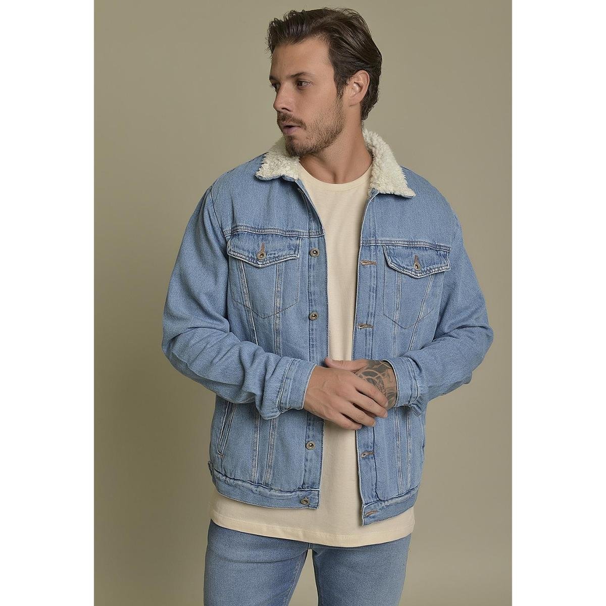 Jaqueta Jeans Trucker com Forro em Sherpa Dialogo Jeans Masculino Menor preço em Jaqueta Jeans Trucker com Forro em Sherpa Dialogo Jeans Masculino