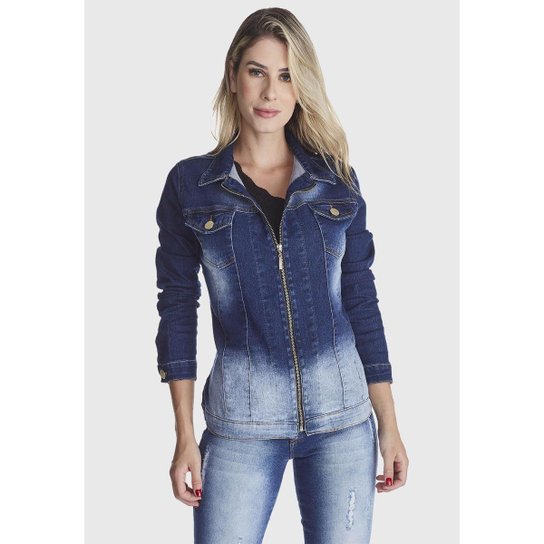 Jaqueta Jeans Zuren Stone com Ziper Azul - Azul Menor preço em Jaqueta Jeans Zuren Stone com Ziper Azul - Azul
