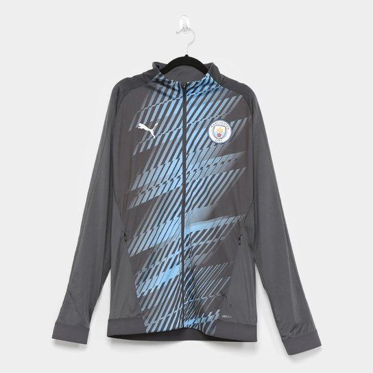 Jaqueta Manchester City Puma Stadium Masculina - Cinza e Azul Menor preço em Jaqueta Manchester City Puma Stadium Masculina - Cinza e Azul