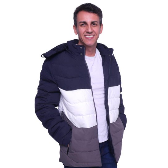 Jaqueta Masculina Acolchoada Bobojaco Casaco Capuz Removivel - Marinho+Cinza Menor preço em Jaqueta Masculina Acolchoada Bobojaco Casaco Capuz Removivel - Marinho+Cinza