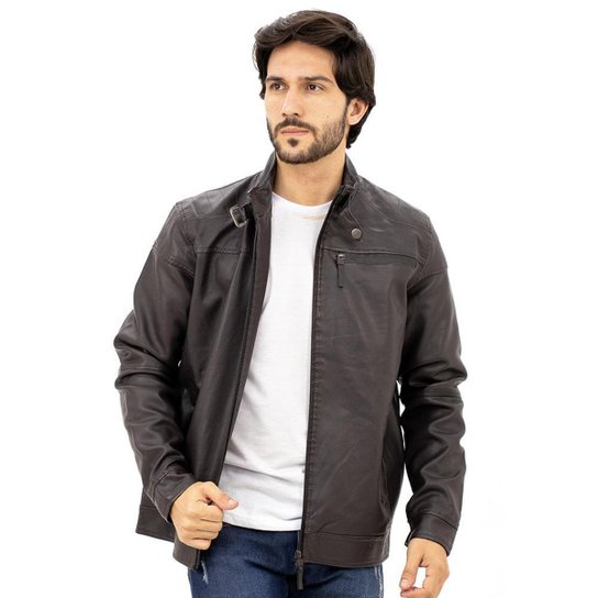 Jaqueta Masculina Couro Sintético Courino Com Bolsos Gola - Café Menor preço em Jaqueta Masculina Couro Sintético Courino Com Bolsos Gola - Café