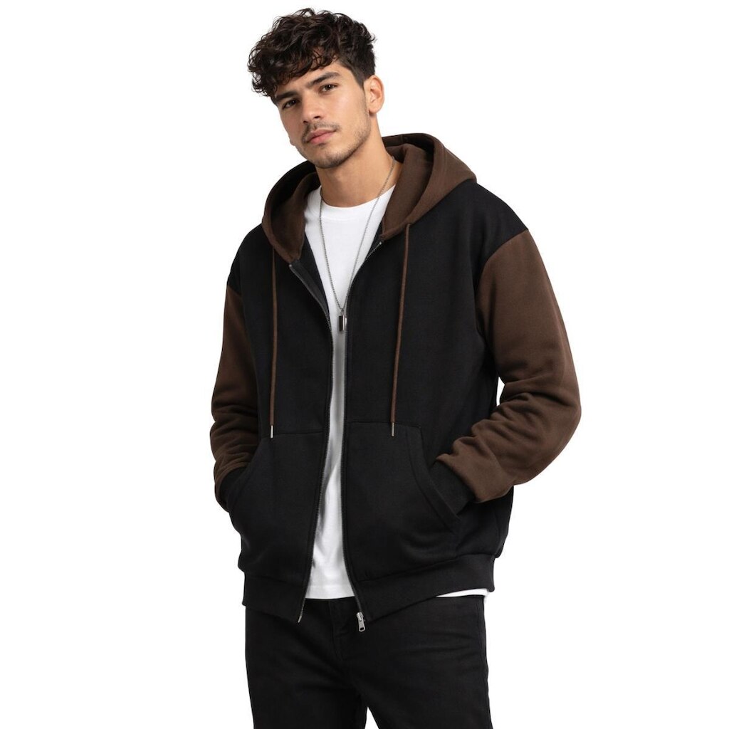 Jaqueta Masculina de Moletom Flanelado com Zíper Frontal Capuz e Bolso Amplo