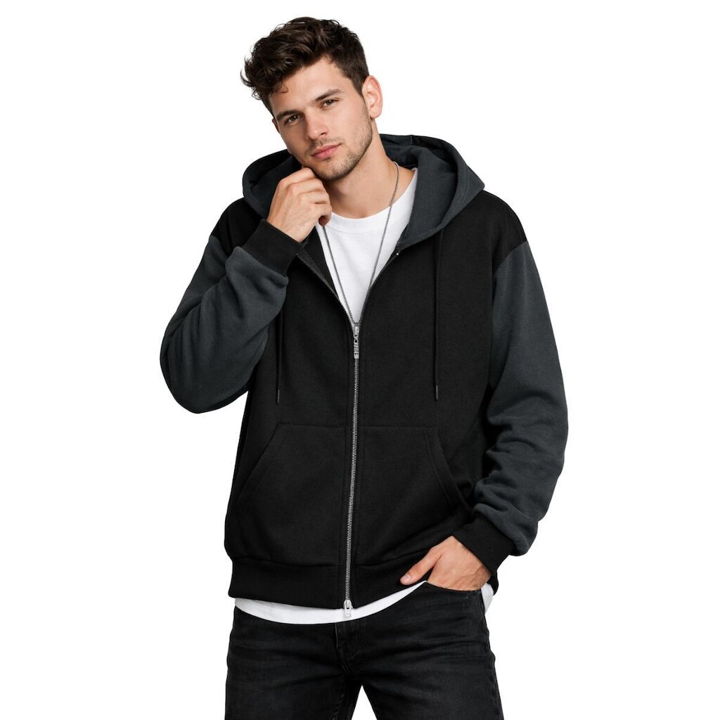 Jaqueta Masculina de Moletom Flanelado com Zíper Frontal Capuz e Bolso Amplo