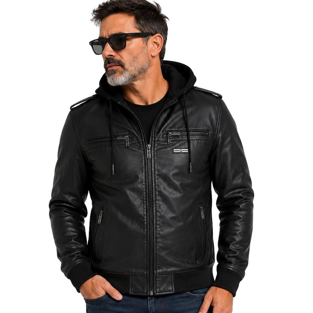 Jaqueta Masculina PU Com Capuz Removível Forrada Preta