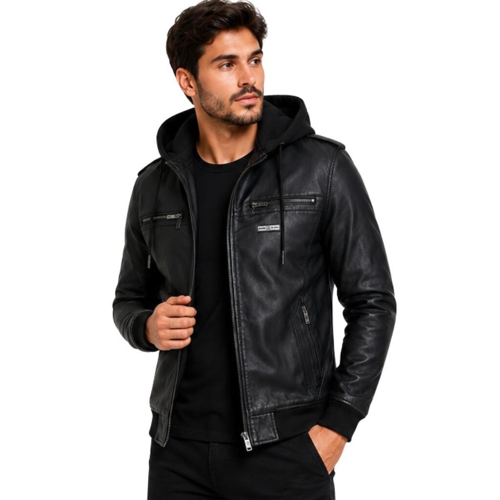 Jaqueta Masculina PU Com Capuz Removível Forrada Preta