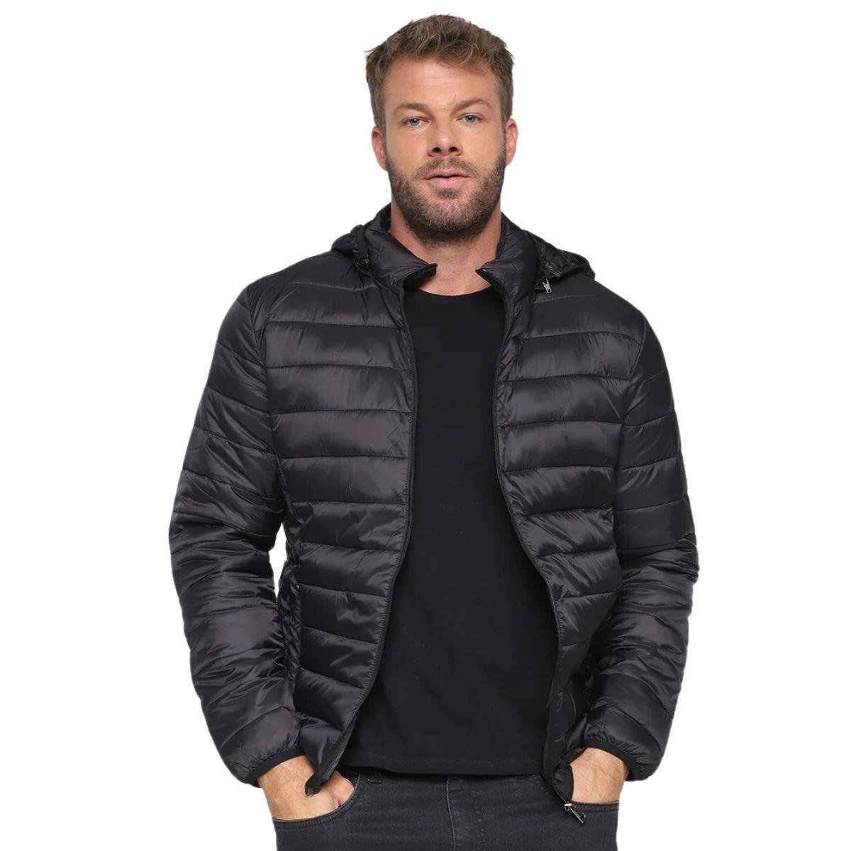 Jaqueta Masculina Puffer Industrie Lisa Impermeável com Capuz Removível e Isolamento Térmico